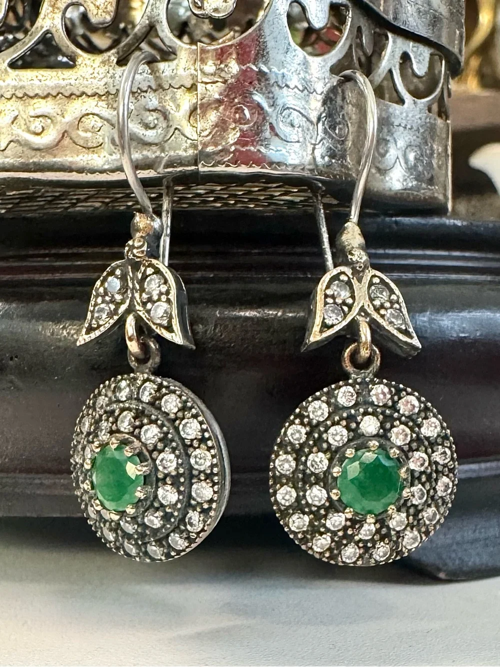 Vintage Ottoman Sterling Silver Emerald Hurrem Sultan Dangle Earrings